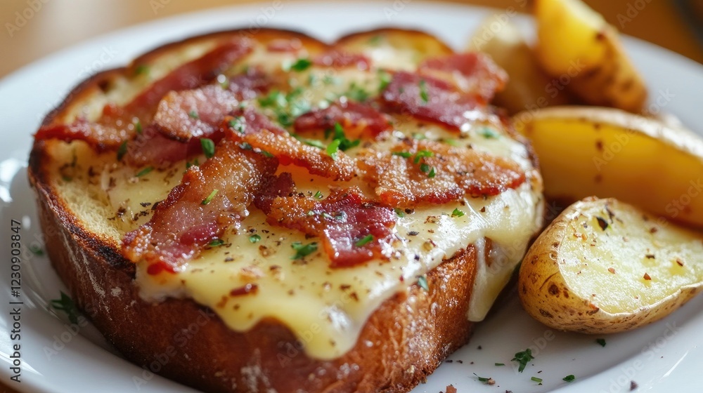 A close-up of a toasted sandwich with melted cheese and crispy bacon, with a sprinkle of herbs on top and a side of crispy potato wedges on a white plate. A close-up of a toasted sandwich with melted cheese and crispy bacon, with a sprinkle of herbs on top and a side of crispy potato wedges on a white plate.