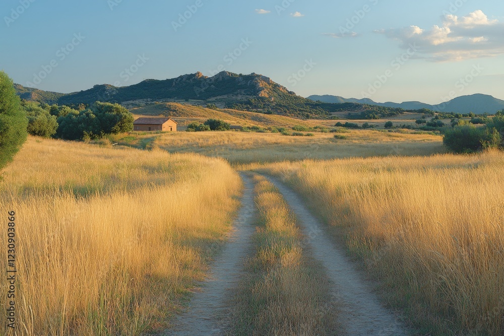 Fototapeta premium Golden field and path under dramatic evening sky