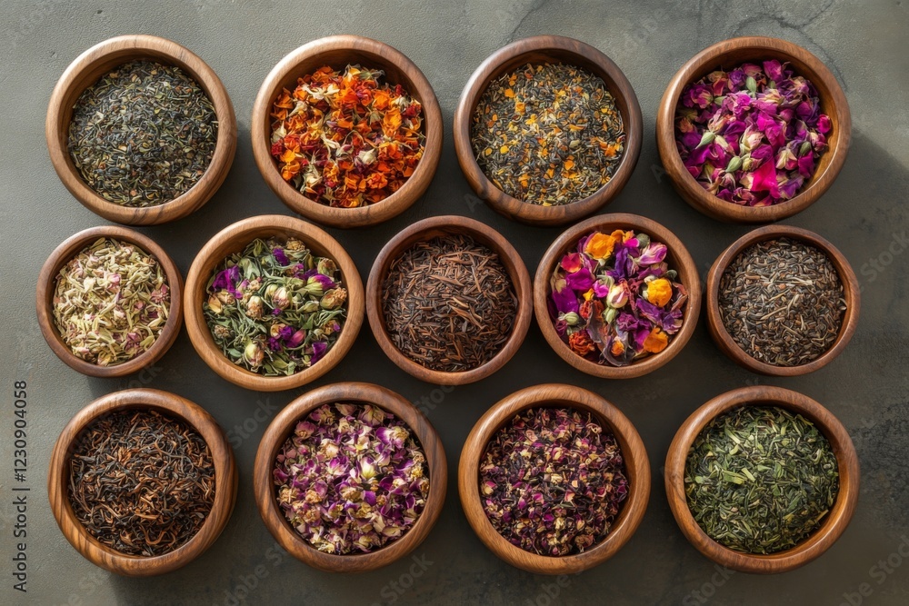 Assorted spices and dried herbs in wooden bowls Assorted spices and dried herbs in wooden bowls