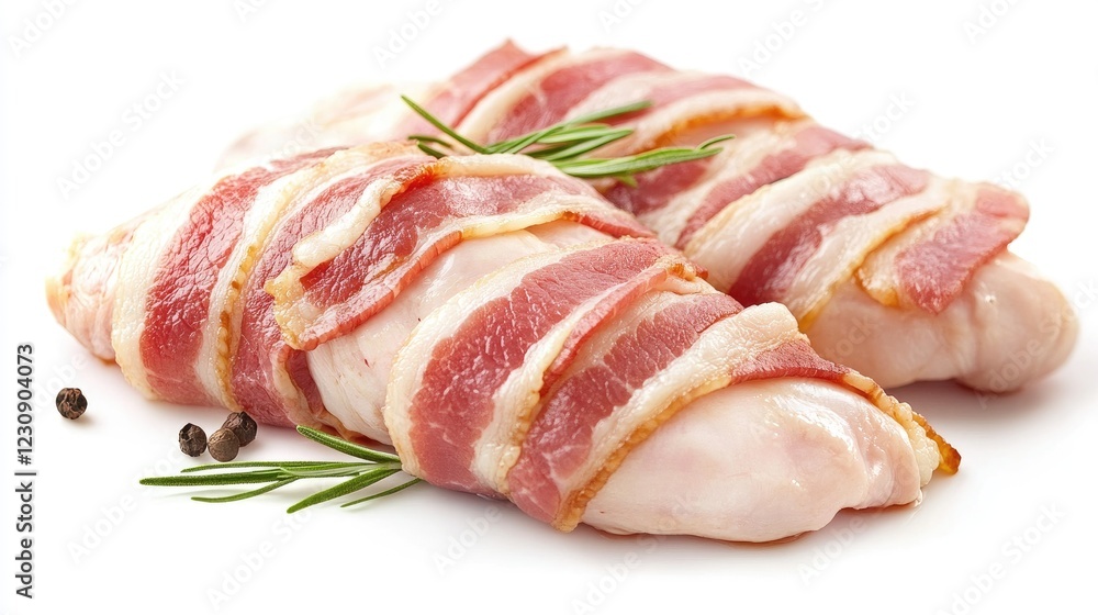 A close-up of bacon being wrapped around a juicy chicken breast, with a white background to emphasize the savory combination, perfect for gourmet cooking presentations. A close-up of bacon being wrapped around a juicy chicken breast, with a white background to emphasize the savory combination, perfect for gourmet cooking presentations.