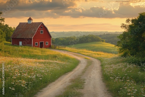 Dirt road leading to a red barn surrounded by green fields photo