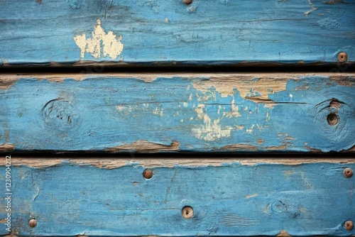 Close-up of weathered blue wooden planks with peeling paint photo