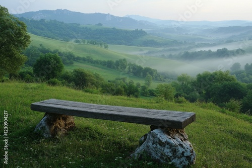 Scenic view of a wooden bench on a grassy hill overlooking mountains photo