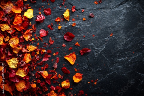 Scattered red and orange autumn leaves on a dark background photo