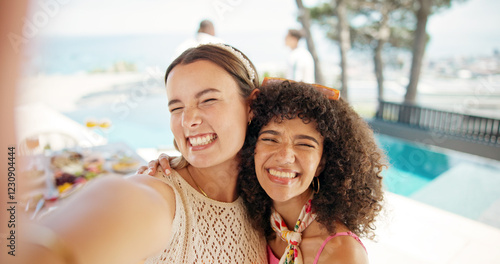 Fotografie Smile, selfie and friends with women at party for travel vacation, photography memory and college freshman