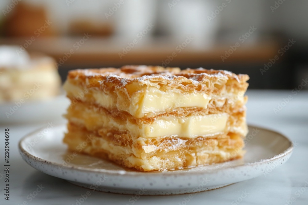 Slice of layered mille-feuille dessert on a white plate Slice of layered mille-feuille dessert on a white plate