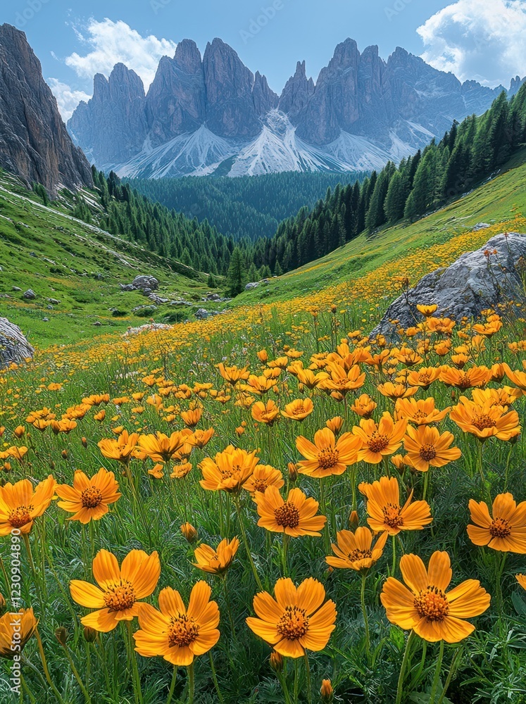 Fototapeta premium Alpine meadow wildflowers, mountain backdrop, summer landscape, travel poster