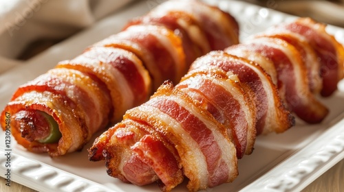 A close-up shot of bacon-wrapped jalapeo poppers on a white platter, showcasing the crispy bacon enveloping the spicy filling, inviting viewers to enjoy a tasty appetizer. photo