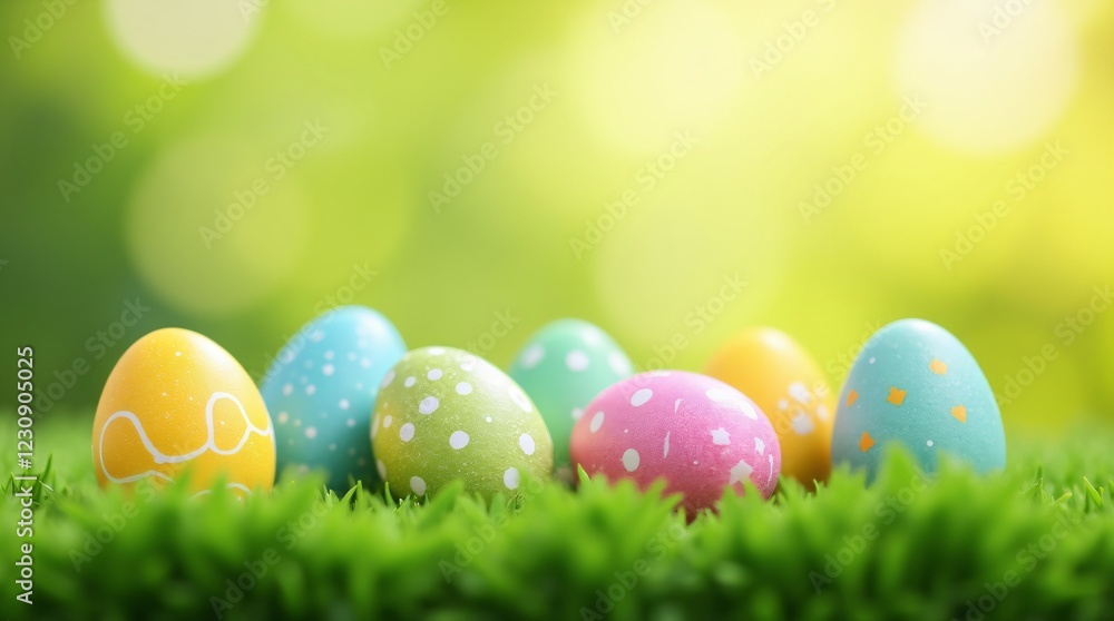 Colorful Easter eggs hiding in green grass on blurred background. Easter landscape. Spring background with copy space for greeting card, banner, poster, wallpaper Colorful Easter eggs hiding in green grass on blurred background. Easter landscape. Spring background with copy space for greeting card, banner, poster, wallpaper