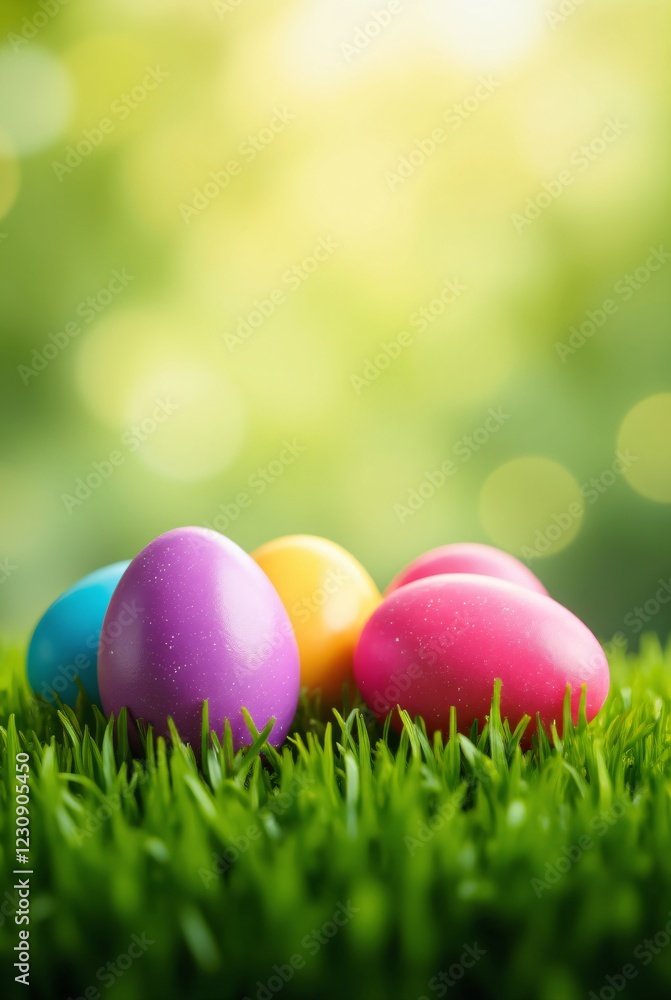 Colorful Easter eggs hiding in green grass on blurred background. Easter landscape. Spring background with copy space for greeting card, banner, poster, wallpaper Colorful Easter eggs hiding in green grass on blurred background. Easter landscape. Spring background with copy space for greeting card, banner, poster, wallpaper