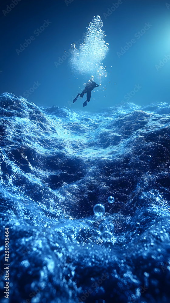 Underwater Diver Descending into a Dark Blue Ocean Abyss Underwater Diver Descending into a Dark Blue Ocean Abyss
