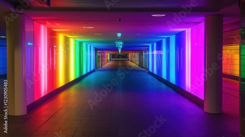The hallway lit with colorful LED lights creates a futuristic atmosphere.