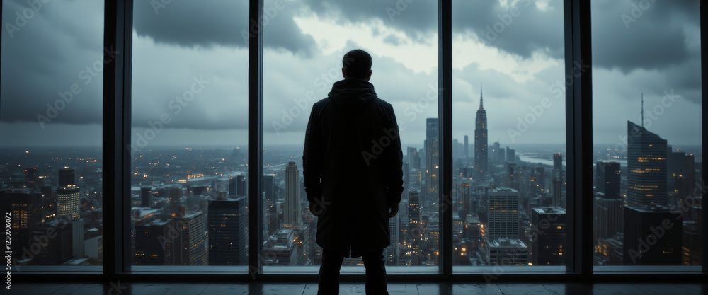 Man in a coat with a contemplative mood gazing at a city skyline against a stormy sky Man in a coat with a contemplative mood gazing at a city skyline against a stormy sky