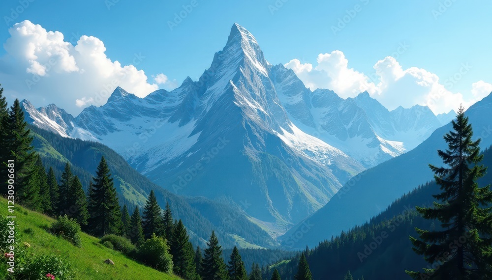 Majestic peaks pierce azure sky, lush forest below , landscape, beauty Majestic peaks pierce azure sky, lush forest below , landscape, beauty