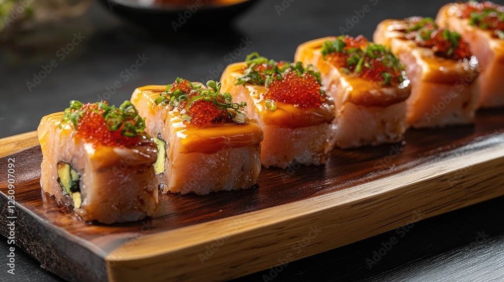 A detailed shot of a premium omakase dish featuring uni sea urchin and toro fatty tuna sushi, perfectly prepared and served on a traditional wooden sushi tray. A detailed shot of a premium omakase dish featuring uni sea urchin and toro fatty tuna sushi, perfectly prepared and served on a traditional wooden sushi tray.