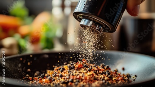 Fototapeta Naklejka Na Ścianę i Meble -  A detailed shot of a pepper grinder in use, with freshly ground black pepper being sprinkled onto a dish, emphasizing the seasoning process.