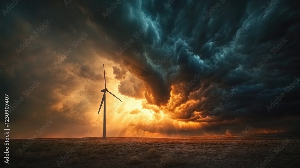 Obraz premium A dramatic shot of a wind turbine standing tall against a stormy sky, emphasizing the resilience and power of renewable energy in the face of nature's elements.