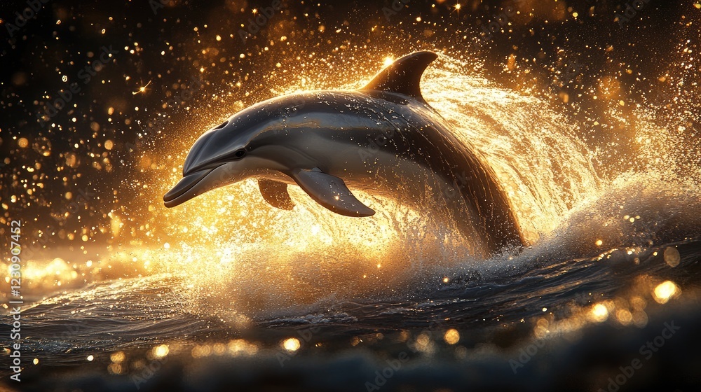Fototapeta premium A dramatic shot of a dolphin making a splash as it dives back into the ocean, with droplets of water catching the sunlight in a sparkling display.