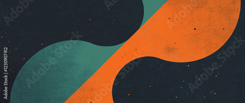 A minimalist flat design featuring three overlapping shapes in warm shades of orange and cool teal, set against a dark grey background. The subtle grainy texture adds depth and character, enhancing th photo