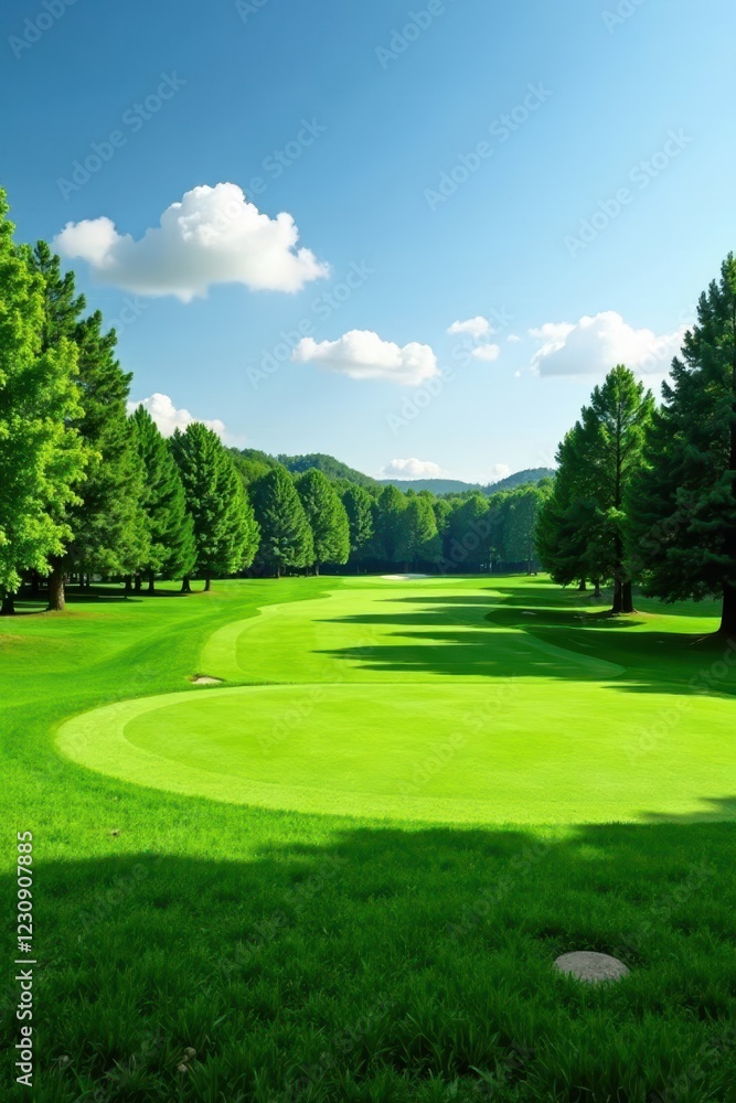Perfectly manicured golf course green, lush grass, striped, shadow Perfectly manicured golf course green, lush grass, striped, shadow