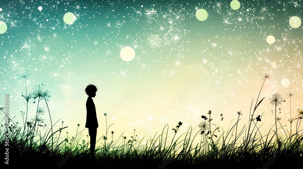 Child gazing at night sky, wildflowers, peaceful dreamscape; ideal for children's book, fantasy, hope Child gazing at night sky, wildflowers, peaceful dreamscape; ideal for children's book, fantasy, hope