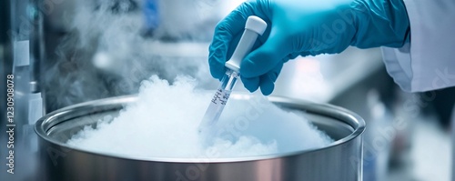 Scientist holding test tube with cryopreserved biological sample over liquid nitrogen container photo