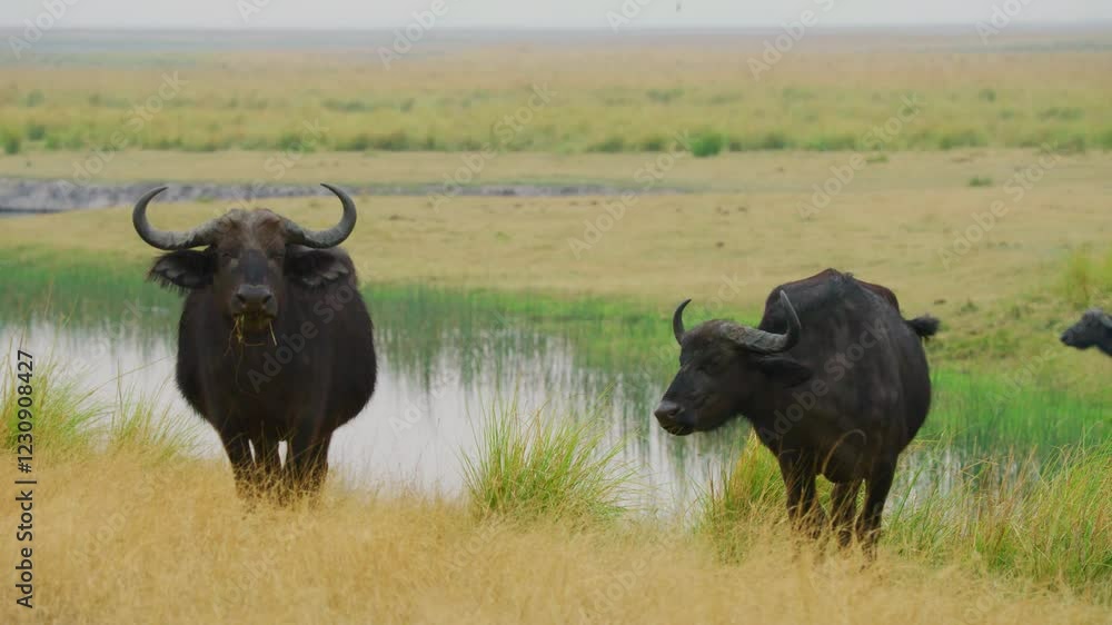 Epic shot of two African cape buffaloes (Syncerus caffer) eating grass on the bank of a canal in south africa. Epic shot of two African cape buffaloes (Syncerus caffer) eating grass on the bank of a canal in south africa.