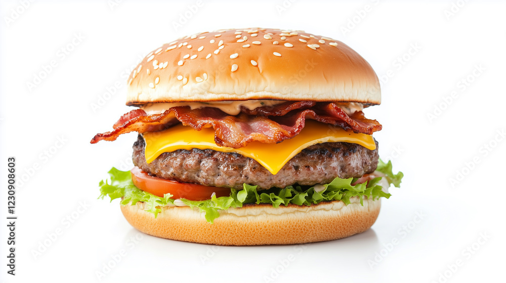 Delicious cheeseburger with bacon, lettuce, and tomato on sesame seed bun. Delicious cheeseburger with bacon, lettuce, and tomato on sesame seed bun.