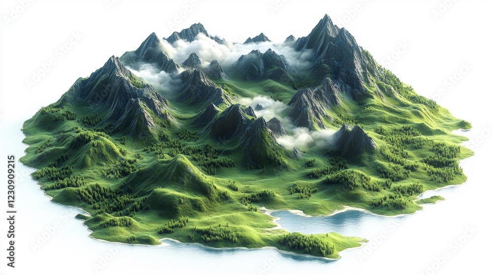 Obraz premium Stylized isometric mountain terrain with lush greenery and misty peaks. Generative AI