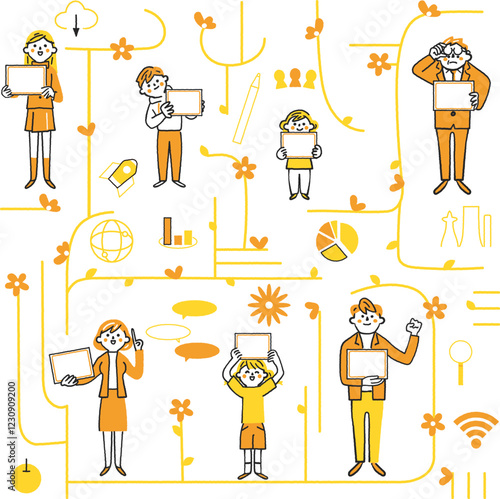 ICT教育とネットワークで繋がる人々　ITのシンボリックなアイコンのセットのストックイラスト素材
