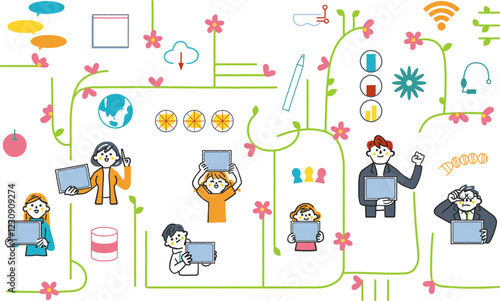 ICT教育とネットワークで繋がる人々　ITのシンボリックなアイコンのセットのストックイラスト素材
