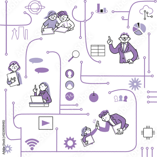 ICT教育とネットワークで繋がる人々　ITのシンボリックなアイコンのセットのストックイラスト素材
