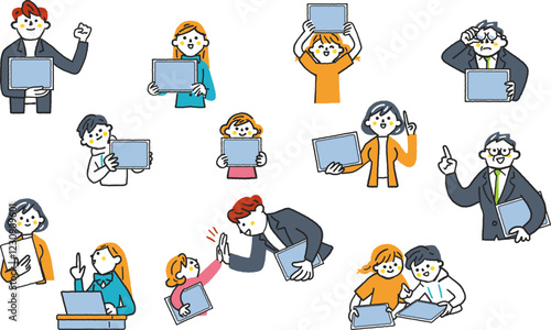 タブレットを手に持つ様々な人々　セットのストックイラスト素材

