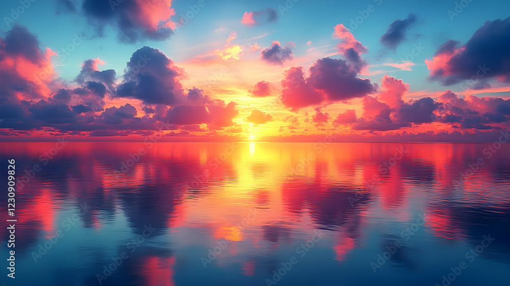 Fototapeta premium Vibrant Pink And Orange Sunset Over Calm Ocean Water
