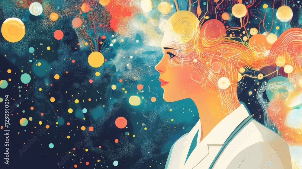 Profile of Woman with Colorful Abstract Brain and Lights Profile of Woman with Colorful Abstract Brain and Lights