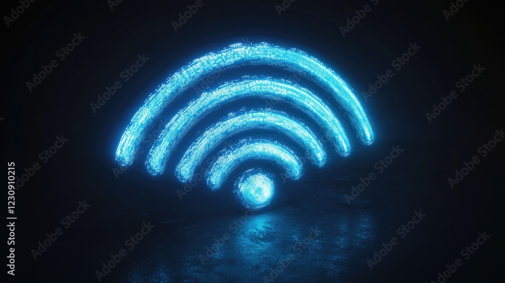 A minimalist design of a Wi-Fi icon glowing in neon blue, with signal waves spreading out in concentric circles, isolated on a plain white background to focus on the symbol. A minimalist design of a Wi-Fi icon glowing in neon blue, with signal waves spreading out in concentric circles, isolated on a plain white background to focus on the symbol.