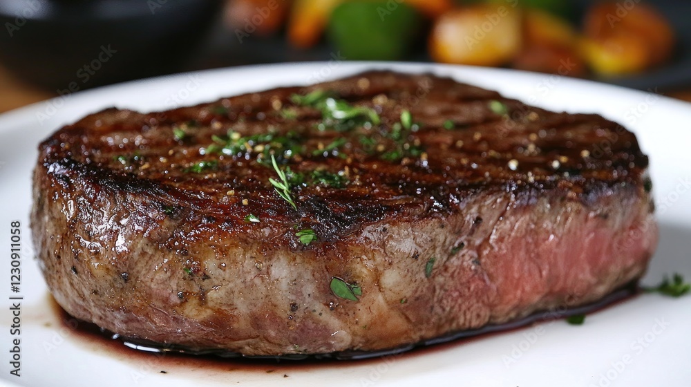 A perfectly cooked medium-rare steak on a white plate, garnished with fresh herbs and accompanied by roasted vegetables, capturing the essence of gourmet dining. A perfectly cooked medium-rare steak on a white plate, garnished with fresh herbs and accompanied by roasted vegetables, capturing the essence of gourmet dining.