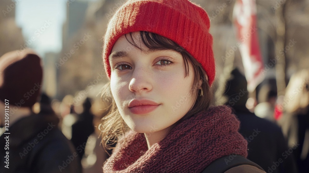 Portrait of a Young Woman in a Red Knit Hat and Scarf Outdoors Portrait of a Young Woman in a Red Knit Hat and Scarf Outdoors