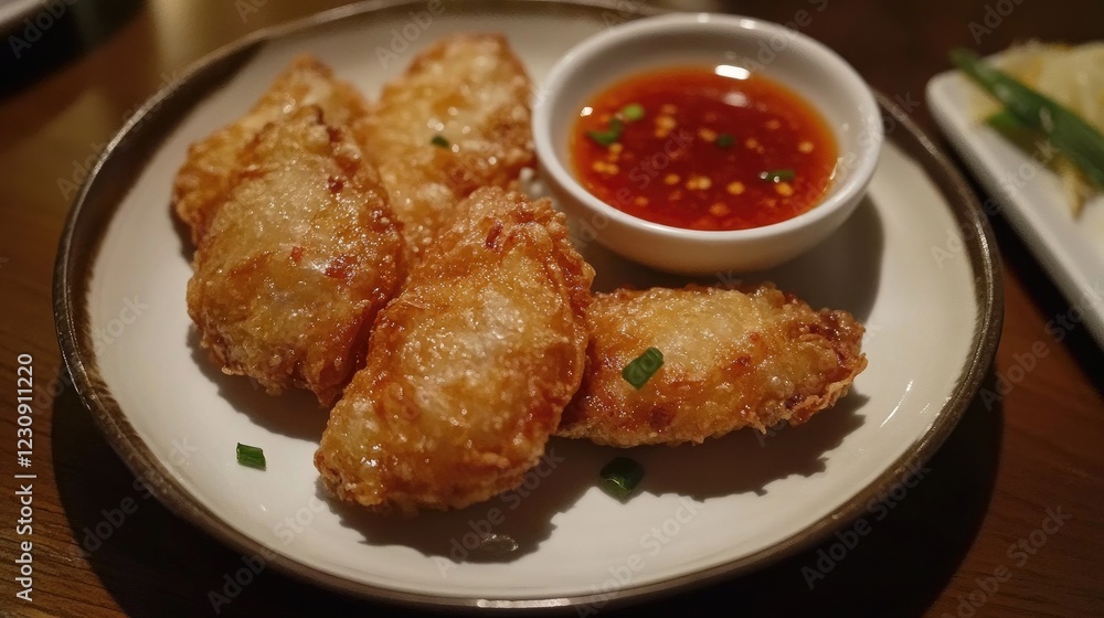 A plate of crispy Thai spring rolls, freshly fried and served with a sweet chili dipping sauce, ready to be enjoyed as a light appetizer. A plate of crispy Thai spring rolls, freshly fried and served with a sweet chili dipping sauce, ready to be enjoyed as a light appetizer.