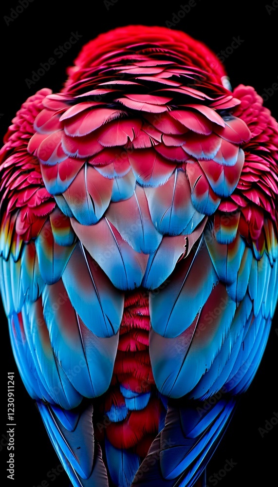 Fototapeta premium A close-up view showcases the intricate feather patterns of a colorful parrot. Bright shades of red and blue create a stunning visual contrast. The texture and detail are remarkable.