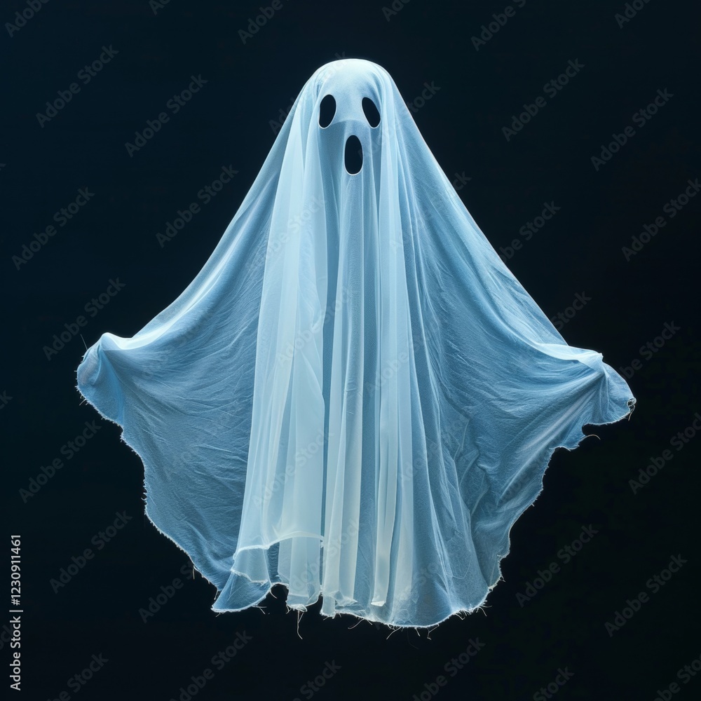 A ghost figure made from a light blue fabric hovers against a dark background. The veil billows slightly, creating an eerie yet playful vibe, reminiscent of Halloween festivities. A ghost figure made from a light blue fabric hovers against a dark background. The veil billows slightly, creating an eerie yet playful vibe, reminiscent of Halloween festivities.