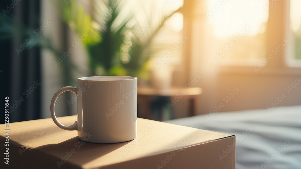 white mug rests on cardboard box in sunlit room, surrounded by greenery. warm light creates cozy atmosphere. white mug rests on cardboard box in sunlit room, surrounded by greenery. warm light creates cozy atmosphere.
