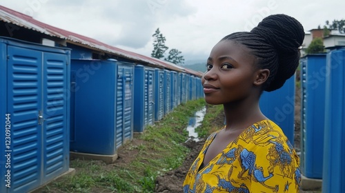 Portrait of a Young African Woman in Yellow Dress Near Blue Toilets in Rural Setting