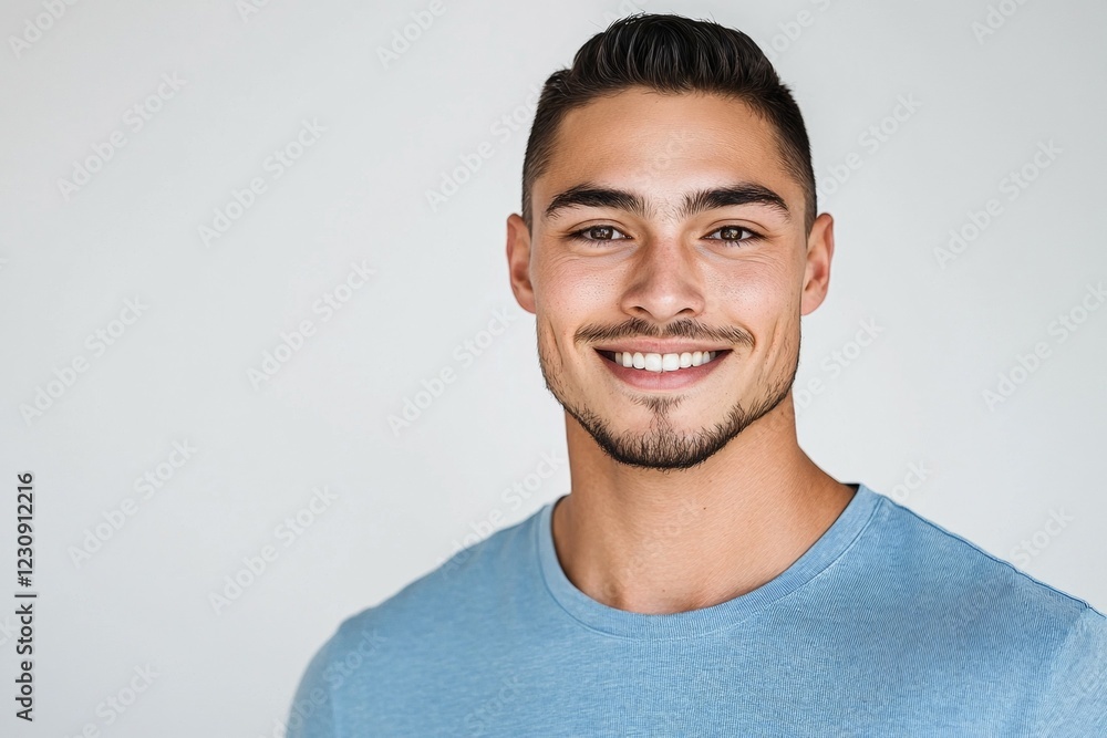 Smiling young hispanic male in blue shirt against neutral background Smiling young hispanic male in blue shirt against neutral background