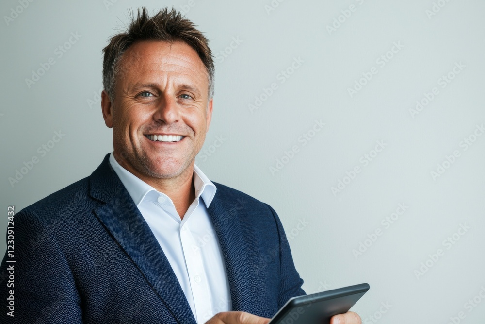 Confident caucasian male adult in suit holding tablet with smile Confident caucasian male adult in suit holding tablet with smile