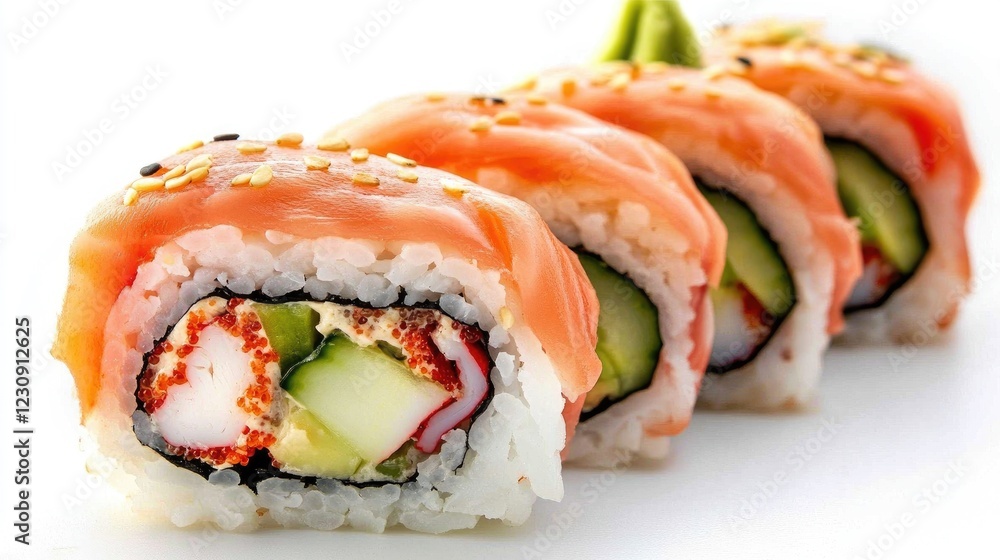 A single sushi roll, sliced into even pieces, with fillings of avocado, crab, and cucumber, placed neatly on a white background, highlighting the simplicity of the dish. A single sushi roll, sliced into even pieces, with fillings of avocado, crab, and cucumber, placed neatly on a white background, highlighting the simplicity of the dish.