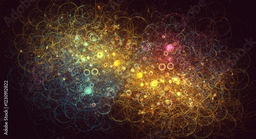 Celestial Dance of Rings: An artistic abstract captures a mesmerizing display of overlapping golden rings and colorful spheres, evoking cosmic dance. The image exudes an air of mystery and beauty.