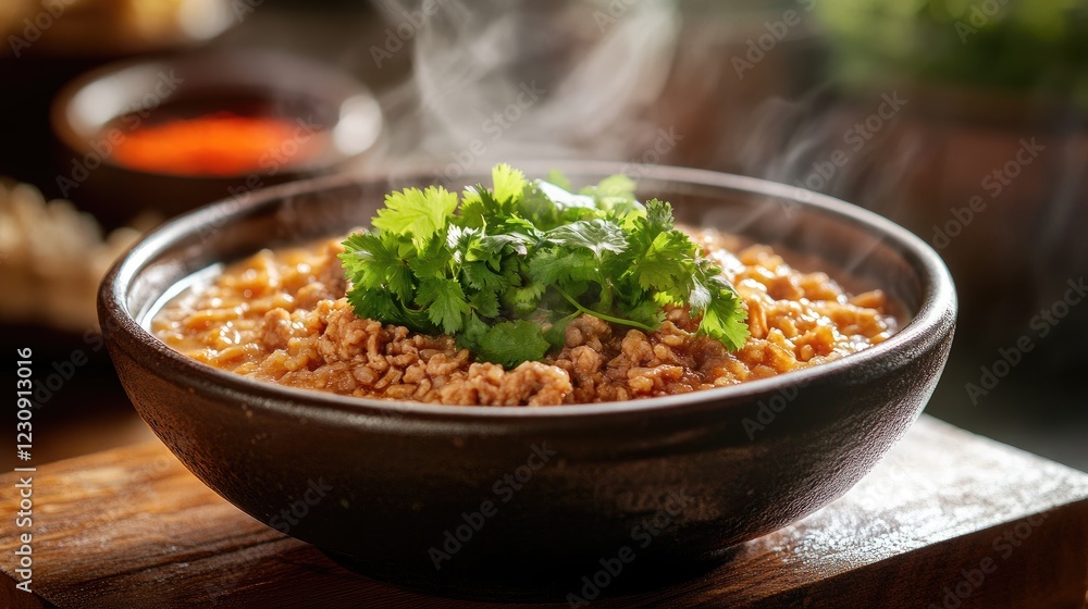 A steaming bowl of rice porridge with minced pork and garnished with fresh cilantro, served on a wooden table, capturing the warmth and comfort of a traditional meal. A steaming bowl of rice porridge with minced pork and garnished with fresh cilantro, served on a wooden table, capturing the warmth and comfort of a traditional meal.