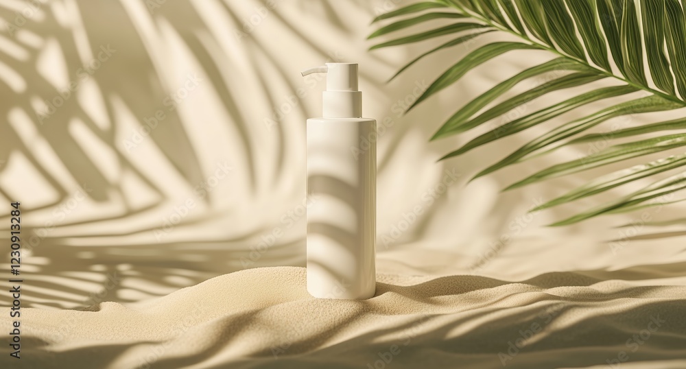Mockup of an all-white skincare product tube laying on sand with soft shadows cast from palm leaves Mockup of an all-white skincare product tube laying on sand with soft shadows cast from palm leaves