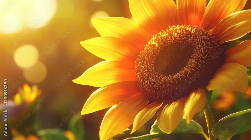 Naklejka premium A stunning close-up of a sunflower with its large, bright petals and detailed center, capturing the warm, golden hues and natural beauty.